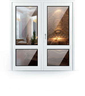 Двухстворчатая дверь с двумя стеклянными вставками и перегородкой